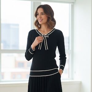 Talbots XS Black Ribbed Knit Sweater Top Bow Neck White Trim Long Sleeve Preppy